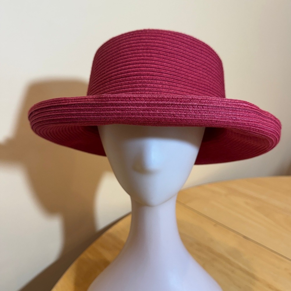Villager Liz Claiborne Women Dark Pink Braided Straw Cloche Sun Hat Ribbon Knot